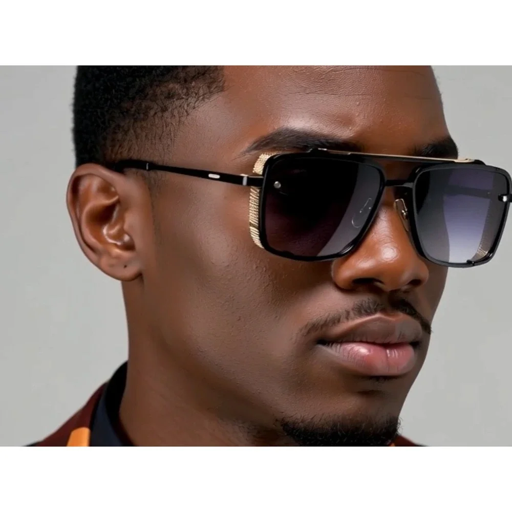 Aviator Sunglasses Men Rectangular Frame Gold‎ Accent Black Shades Classic Retro